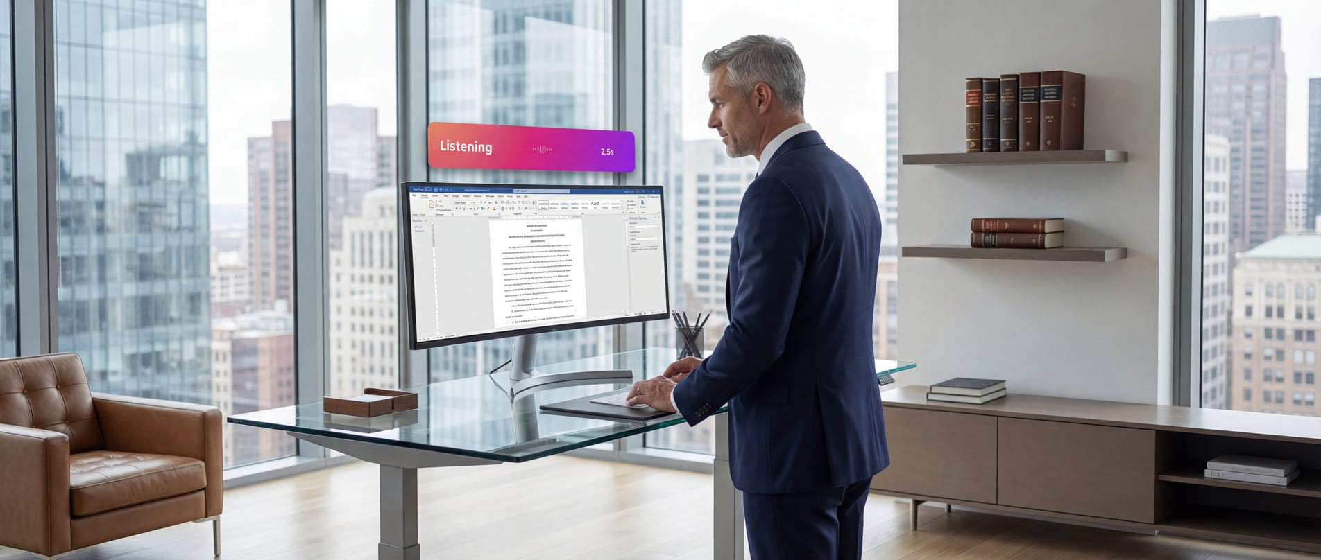 Avocat dictant dans un bureau moderne avec vue sur la ville