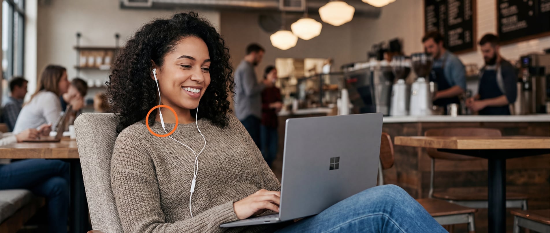 Persoon die werkt in een druk café met bedrade oortjes - de inline microfoon op de kabel is gemarkeerd met een cirkel