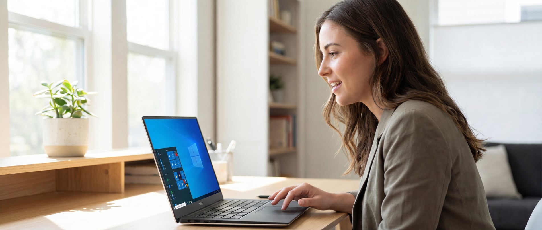 Vrouw die spraakdicteren gebruikt op een Dell XPS laptop in een moderne thuiswerkplek