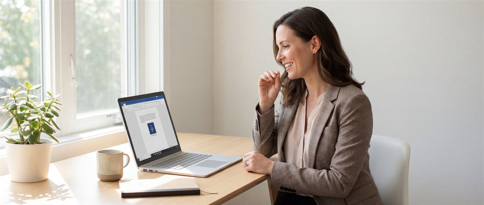 Professional using voice dictation at desk