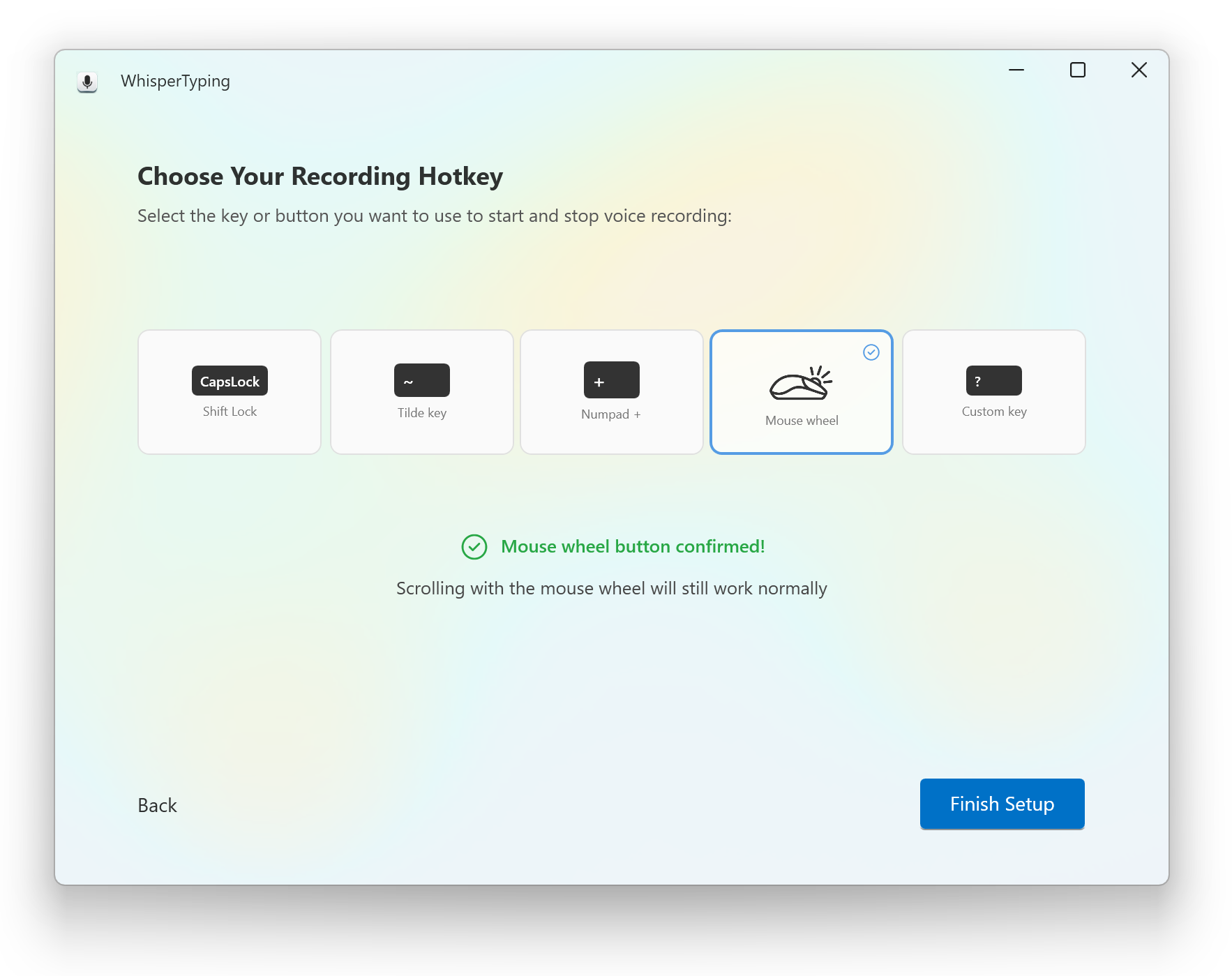 Écran de bienvenue WhisperTyping avec option d'activation par molette de souris