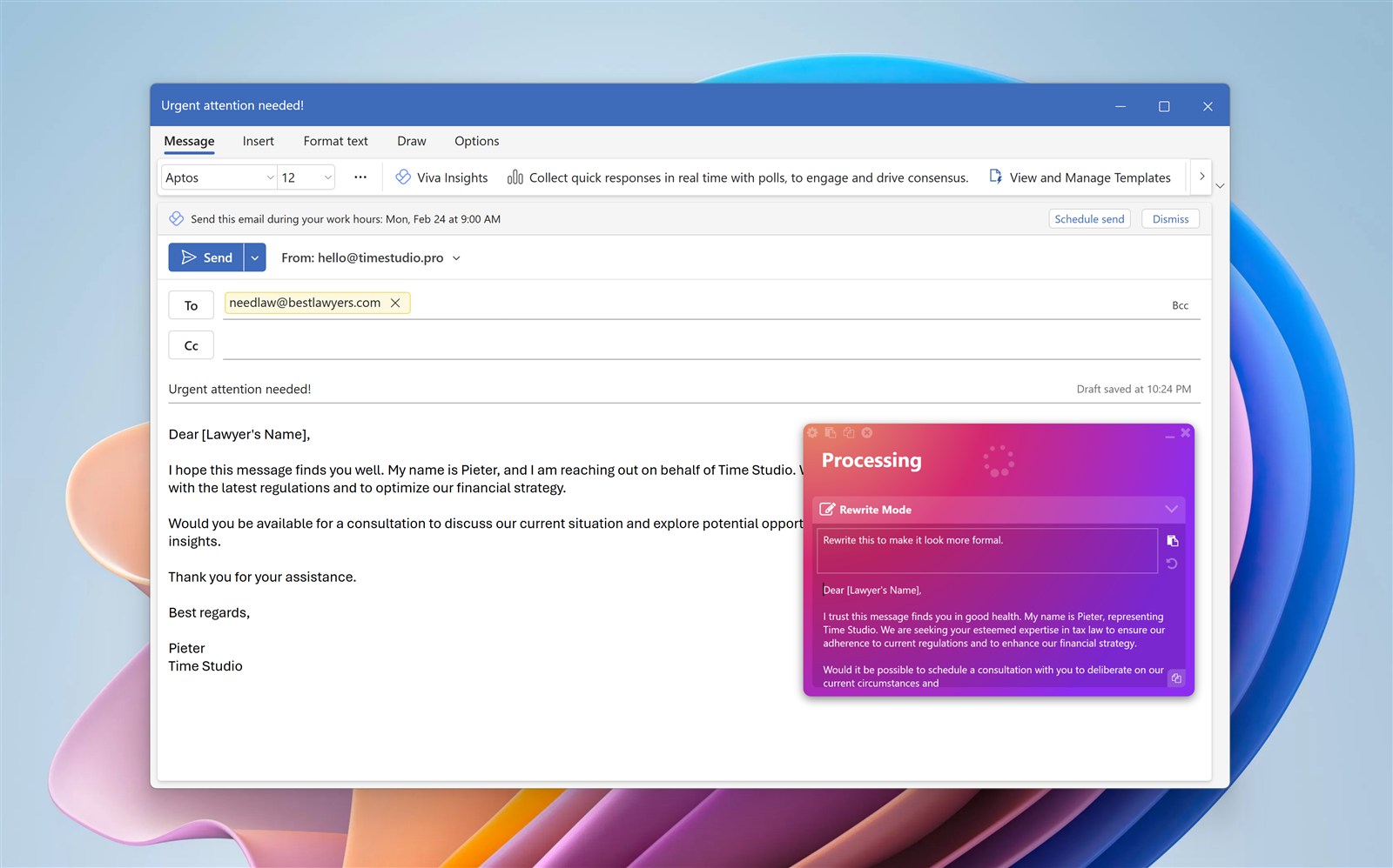 WhisperTyping Rewrite Mode making an email more formal in Outlook