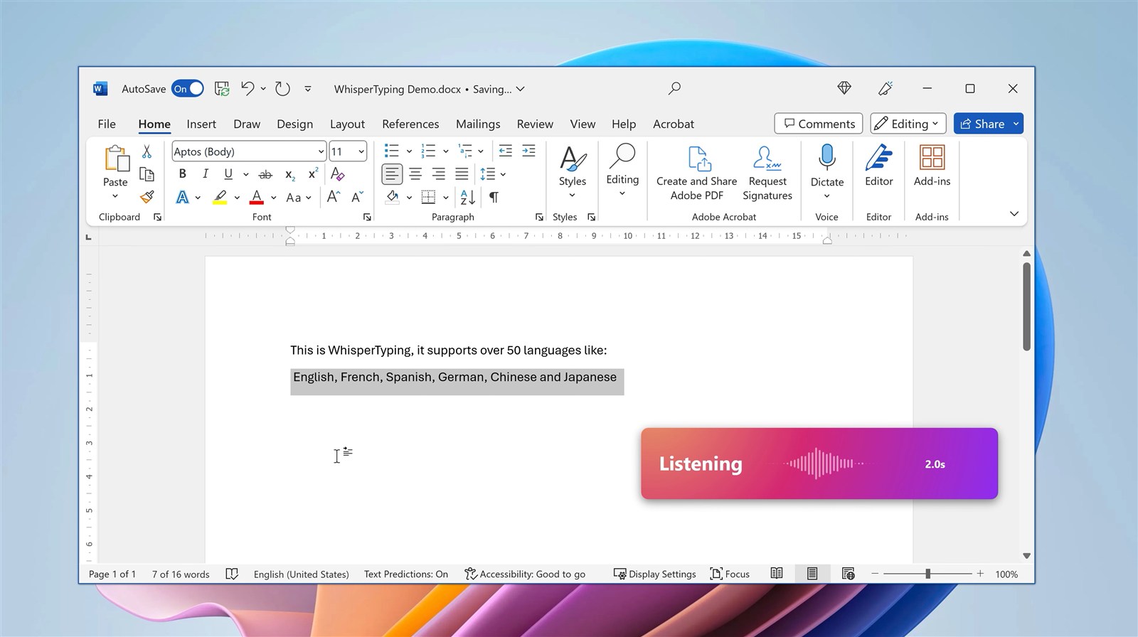 Dictée vocale WhisperTyping dans Microsoft Word